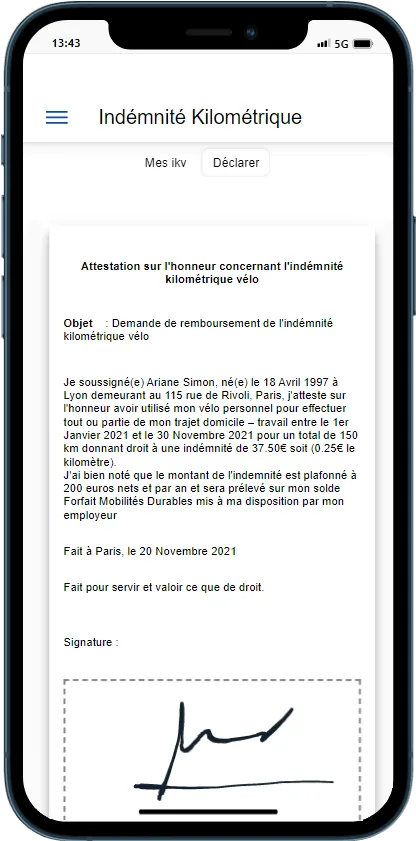 Application RoadMate génère l'attestation sur l'honneur pour l'indemnité kilométrique vélo